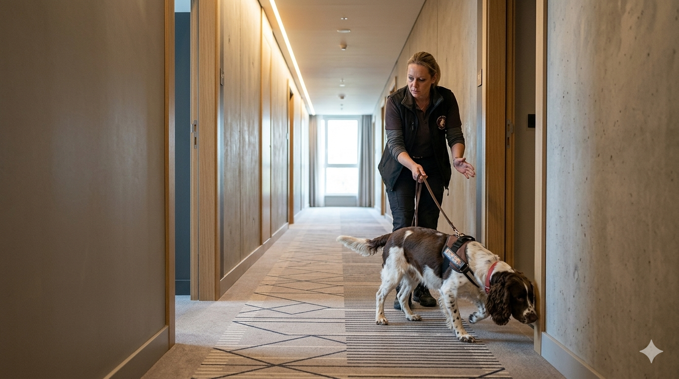 Inspection couloir d'hôtel par chien renifleur